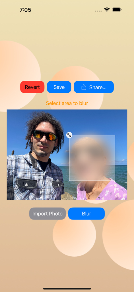 Photo Face Blur - Une interface d'application mobile montrant le visage d'une personne flouté dans une photographie de bord de mer avec des boutons d'édition comme enregistrer et partager.
