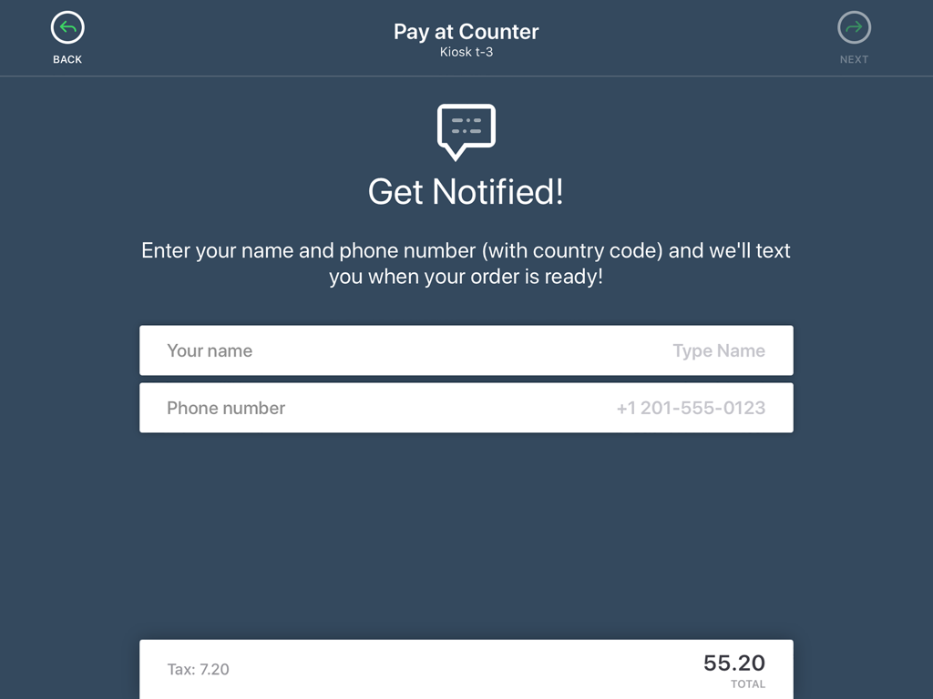 Customer notification screen on an iPad restaurant kiosk for order status updates