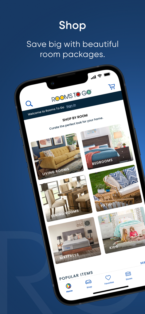 Rooms To Go - Rooms To Go mobile app interface displaying furniture shopping categories by room