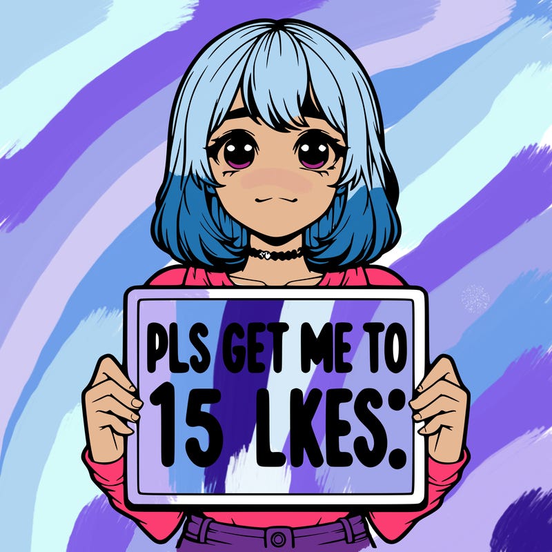 realistic girl holding up a sign that says “pls get me to 15 likes!”