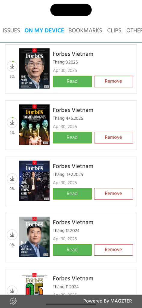 Interfaz de la aplicación Forbes Vietnam que muestra una lista de números de revista descargados con botones para leer o eliminar