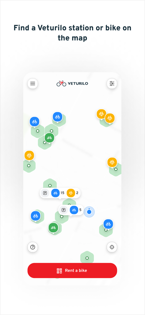 Veturilo app interface showing bike availability and rental stations on a map