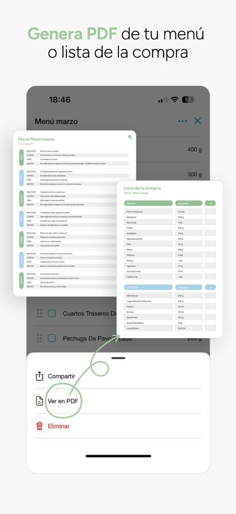 FuturApp - Mobiler Bildschirm der FuturApp, der die Option anzeigt, PDF-Versionen von Speiseplänen und Einkaufslisten zu generieren und anzuzeigen
