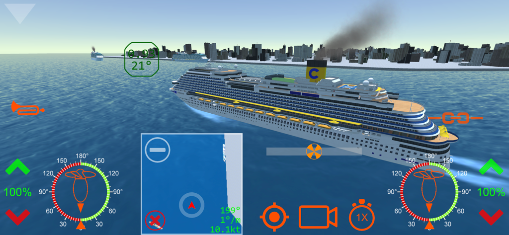 Cruise Ship Handling - A large cruise ship navigating near a city skyline in the Cruise Ship Handling simulator game