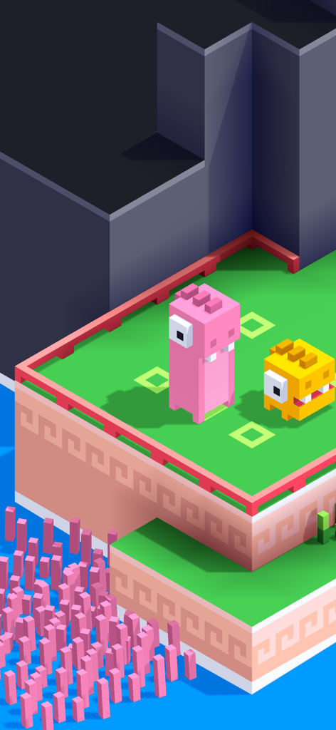 Dino Bros - Two blocky pink and yellow dinosaur characters standing on a green isometric platform in a puzzle level.