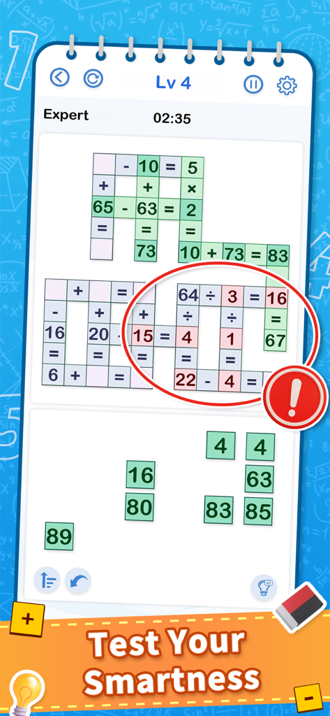 Cross Math - Math Game - Cross Math game screenshot showing an expert level arithmetic grid with numbers and operators.