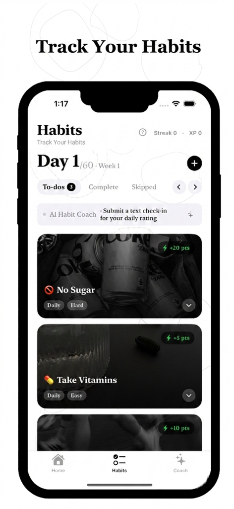 BlackPill: Look Your Best - Habit tracking screen in the BlackPill app featuring daily self improvement goals and point rewards