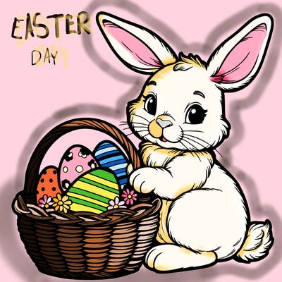 easter bunny with a basket with eggs realistic