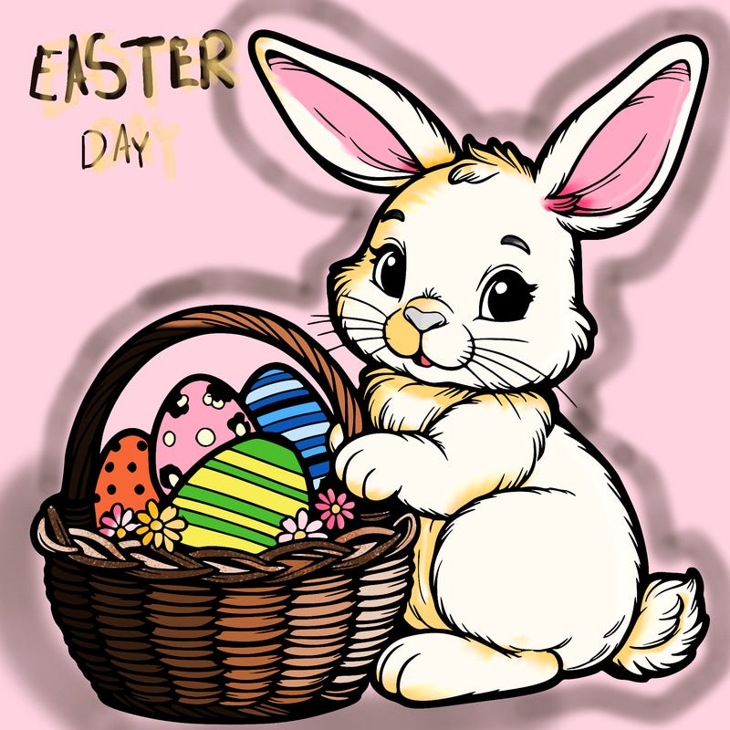 easter bunny with a basket with eggs realistic
