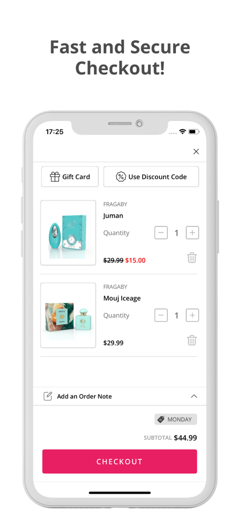 Fragaby Perfumes - Fragaby Perfumes mobile app checkout screen showing items in a shopping cart with options for gift cards and discount codes.
