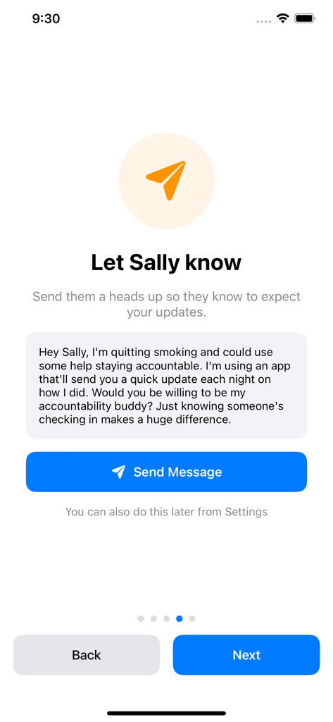 Écran d'une application mobile pour inviter un partenaire de responsabilisation avec un message pré-écrit pour aider à arrêter de fumer.