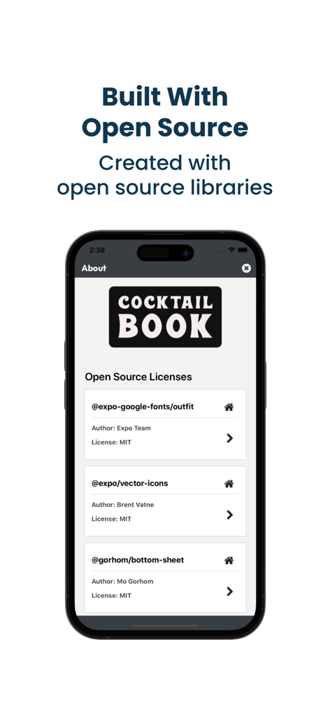 Cocktail Book - Cocktail Buch App-Infobildschirm mit Open-Source-Bibliotheken