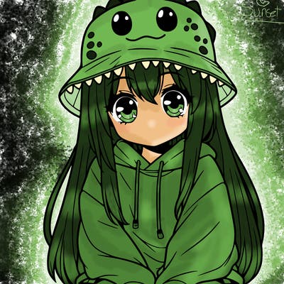 girl with anime shaped eyes with a dinosaur bucket hat oversized sweatshirt long straight hair