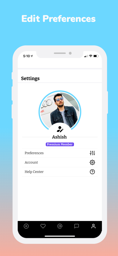 Mooche - Modern Nepali Dating - Mooche app user settings screen showing profile information and preferences menu