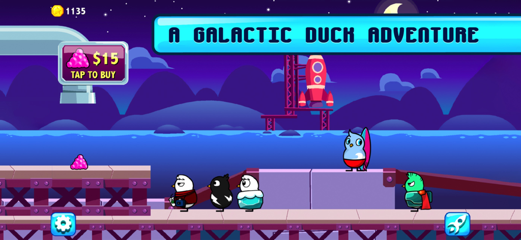 Duck Life 6: Space - Several customized ducks on a space platform with a rocket in the background