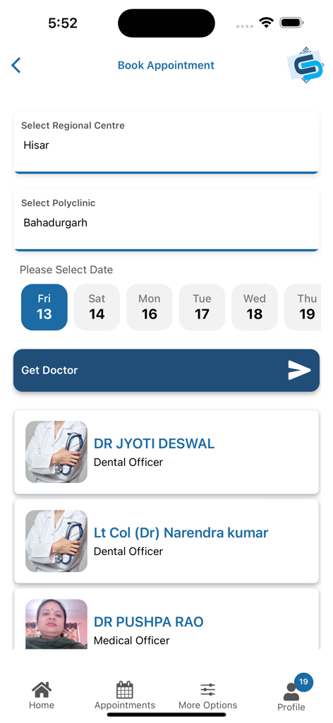 ECHS Beneficiary mobile app interface for booking medical appointments at a specific regional centre and polyclinic
