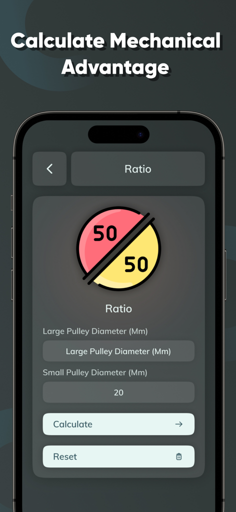 Pulley & Belt calculator - Mobile app screen for calculating mechanical advantage ratio using pulley diameters