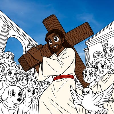 jesus carrying a cross surround by people