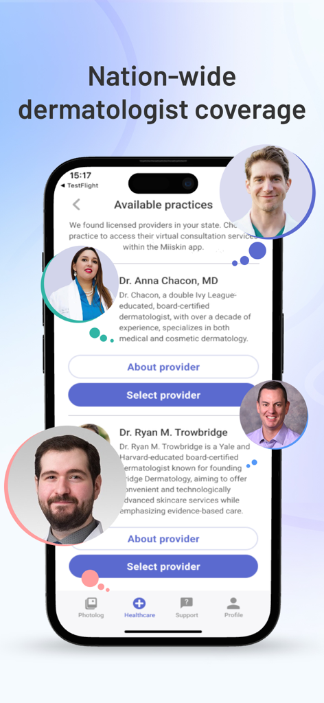 Miiskin: Rx Dermatology Visits - Miiskin app screen showing a list of available board certified dermatologists for online skin consultations
