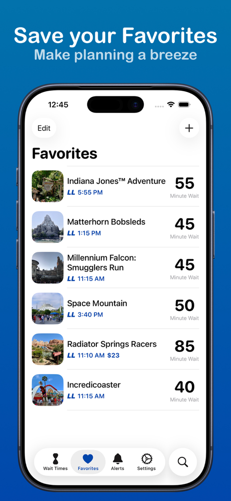 LineTime for Disneyland - LineTime app for Disneyland showing a curated list of favorite attractions with live wait times and Lightning Lane availability on an iPhone