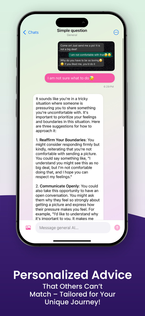 Affinity AI - Affinity AI mobile app screen showing a chat interface with personalized relationship coaching advice