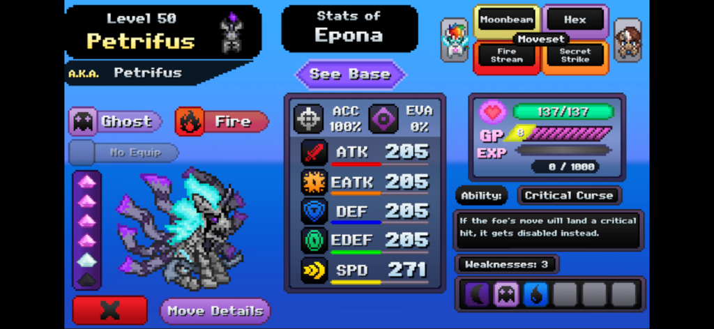 Battle Gem Ponies - Character stats screen for Petrifus in Battle Gem Ponies showing Ghost and Fire types with level 50 attributes