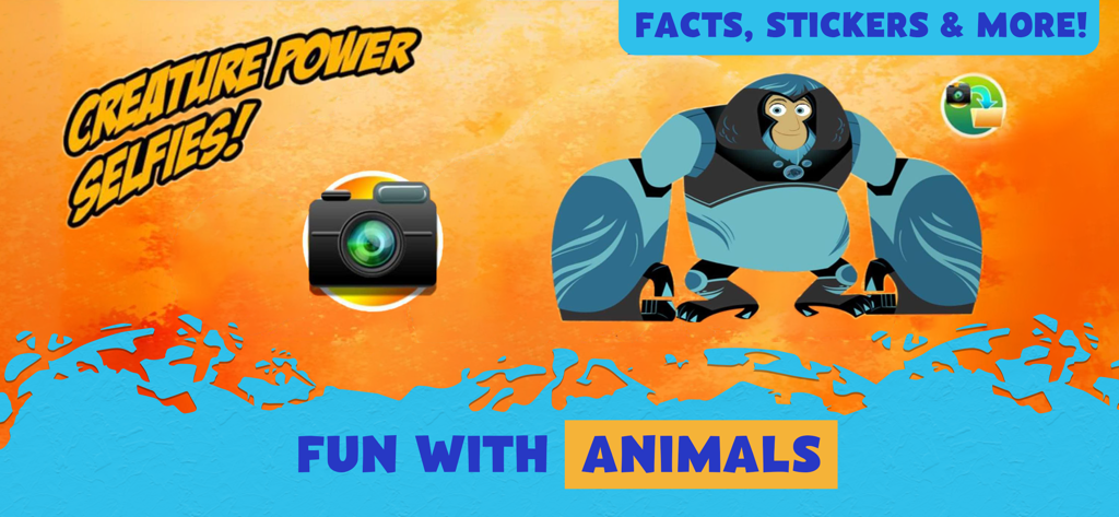 Wild Kratts Rescue Run - A character in a gorilla creature power suit next to a camera icon for creature power selfies and fun animal facts.