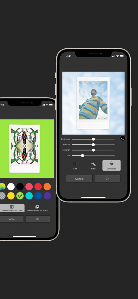 Application mobile Instax mini Evo montrant les curseurs de réglage photo et les options de couleur d'arrière-plan.