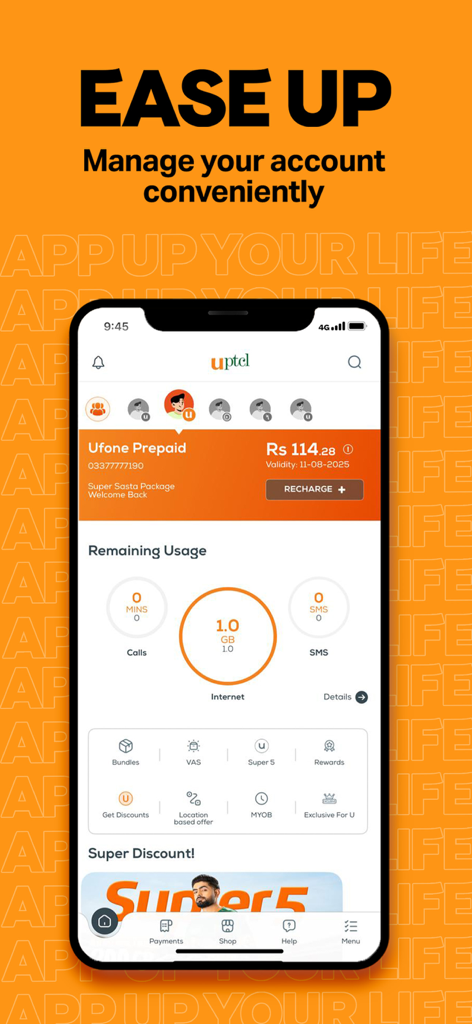 UPTCL- App Up Your Life! - The UPTCL app home screen displaying account balance and real-time usage monitoring for calls and internet.