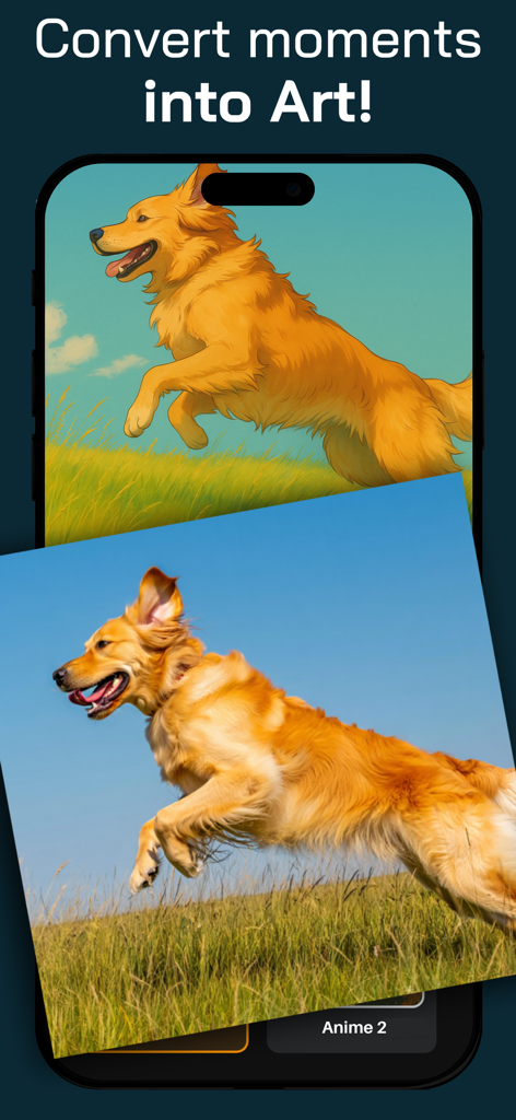 Lova - Anime Filter - Una foto de un golden retriever siendo convertida en una ilustración de anime colorida usando la aplicación Lova