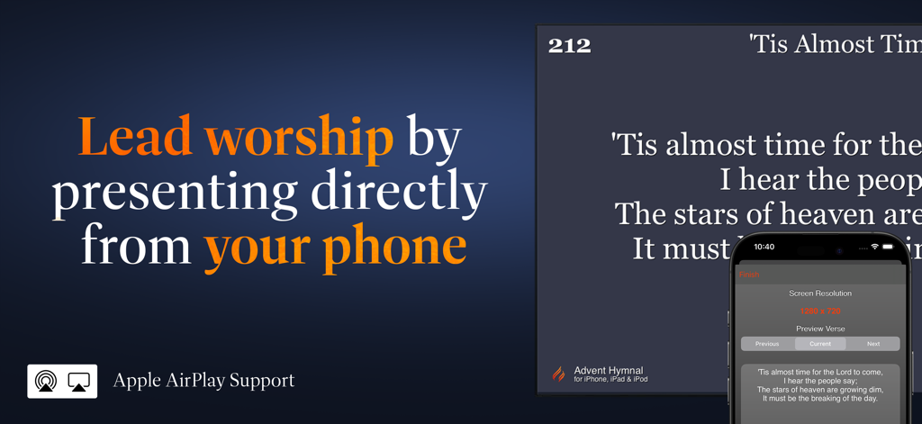Advent Hymnal - Advent Hymnal app showing a phone casting hymn lyrics to a large screen using Apple AirPlay for worship leadership.