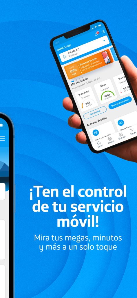 A hand holding a smartphone showing the Mi Movistar Peru app dashboard to manage mobile data and minutes.