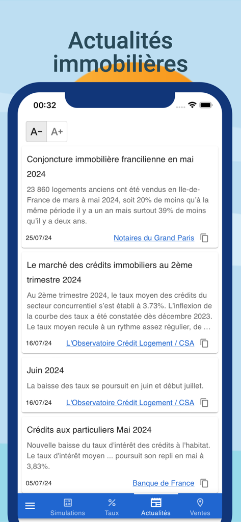 Sección de noticias inmobiliarias francesas en la aplicación móvil Calculette Pret Immo