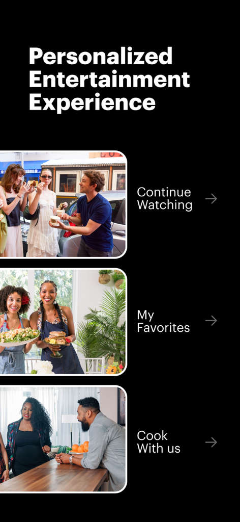 Tela do aplicativo Tastemade mostrando recursos personalizados para continuar programas, salvar favoritos e tutoriais de culinária