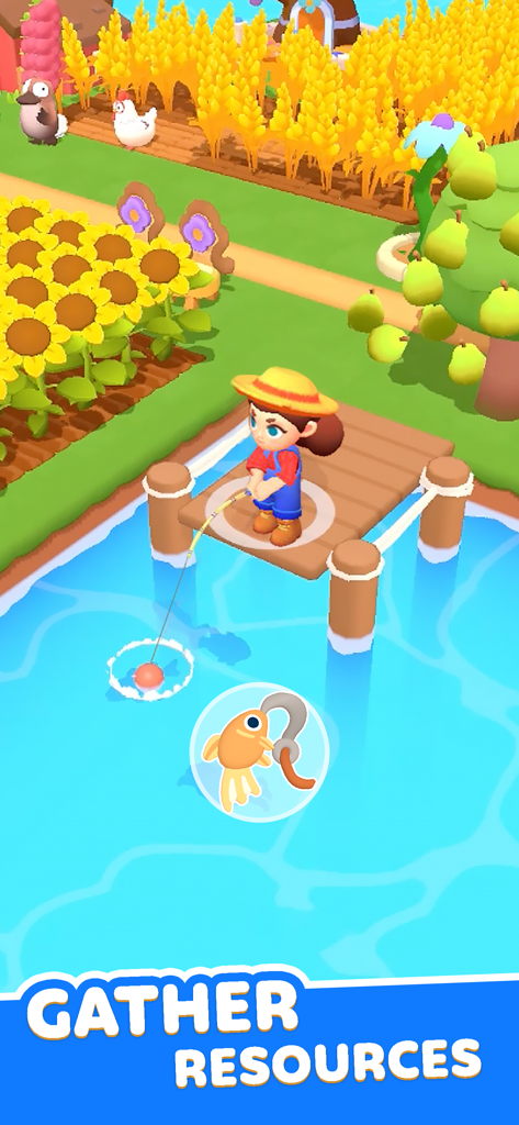 A character fishing from a wooden dock in a colorful farm environment