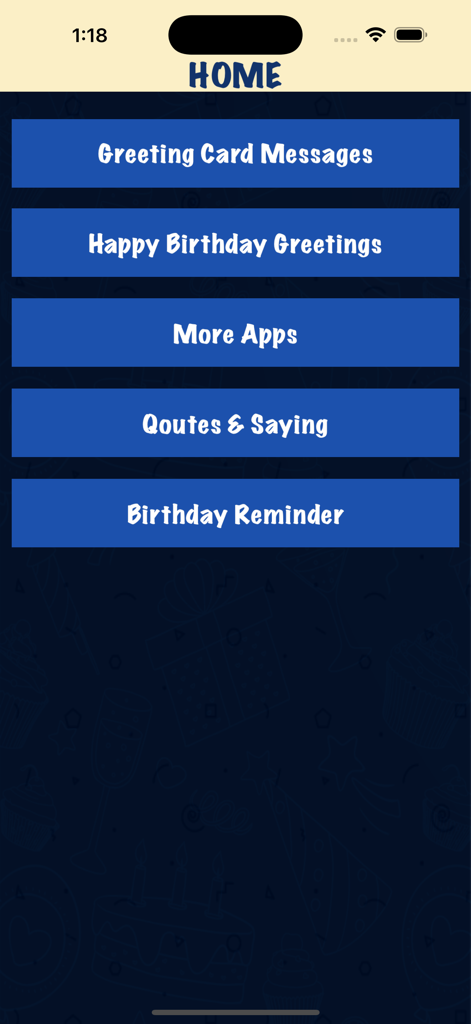 Home screen of the Happy Birthday Greeting Wishes app featuring menu buttons for card messages and birthday reminders