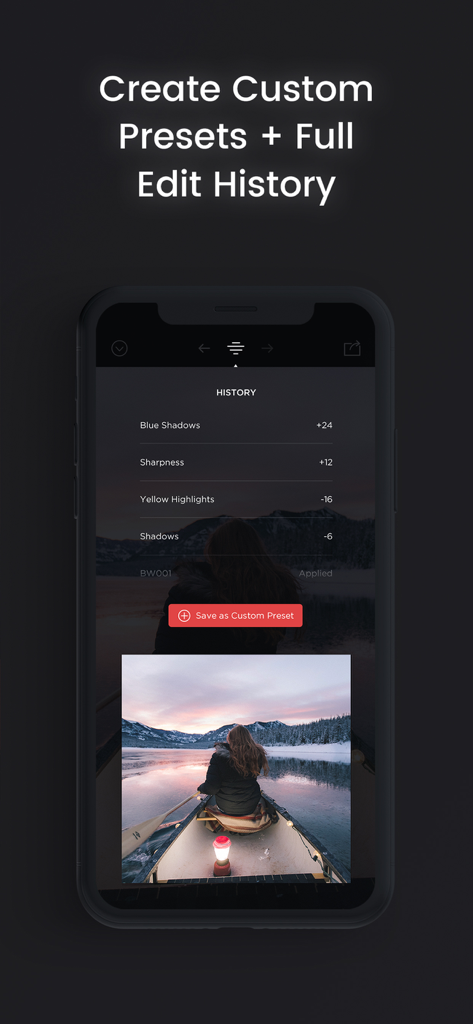 Manual Camera Pro + RAW Photo - Manual Camera Pro app interface showing photo edit history and custom preset options