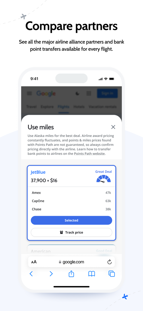 Points Path - Interface do aplicativo Points Path mostrando uma comparação de opções de transferência de pontos bancários como Amex e Chase para uma oferta de voo JetBlue