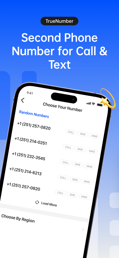 TrueNumber:Second Phone Number - iPhone screen showing a list of available US second phone numbers to choose from in the TrueNumber app