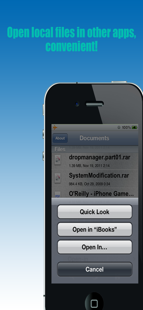 RarExtractor - Extract RAR,ZIP - RarExtractor interface on iPhone displaying file options and open in menu