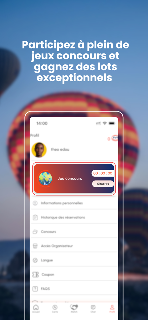 ATAYA : Activities, Matching - ATAYA app user profile page showing a contest banner and various menu options.