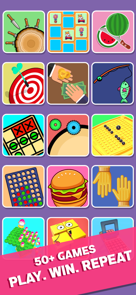 Grade de minijogos incluindo jogo da velha e conecte quatro da Coleção de Jogos de Festa