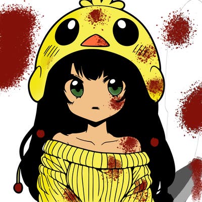 anime girl with chick shaped hat with sweater with bare shoulders with bangs covering them one eye with low tail