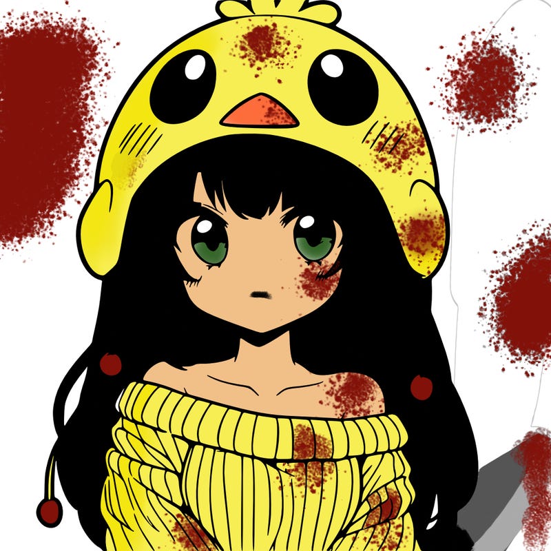 anime girl with chick shaped hat with sweater with bare shoulders with bangs covering them one eye with low tail