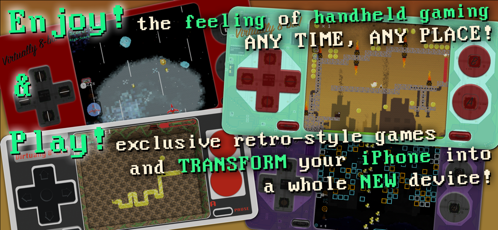 Virtually 8-bit! Game Console - Collage of different retro handheld console skins and 8-bit gameplay screens