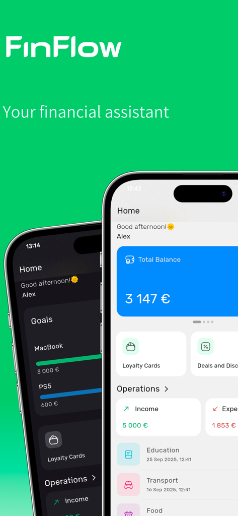 FinFlow: Money Manager - FinFlow app interface displaying total balance savings goals and expense categories