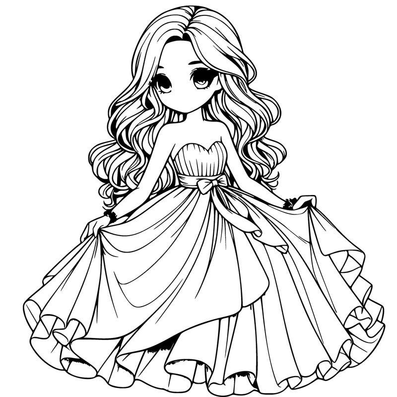 realistic girl in flowy silky prom dress