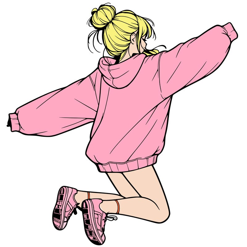 realistic girl jumping with a bun and oversized sweatshirt