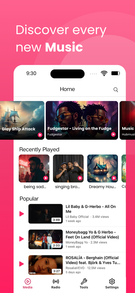 Écran d'accueil de l'application Tubidy Video Music présentant la découverte musicale, les pistes récemment lues et une liste de chansons populaires
