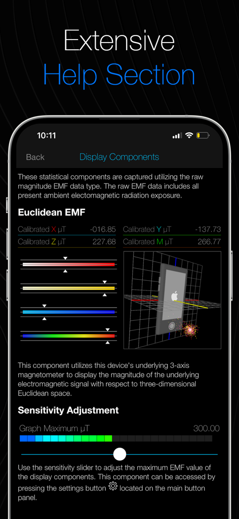 TeslaVision EMF Detector - Interfaccia dell'app TeslaVision EMF Detector che mostra l'ampia sezione di aiuto con dati EMF euclidei e componenti di visualizzazione 3D
